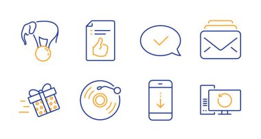 Vinil kayıt, Posta ve Onaylı ileti simgeleri ayarlanır. Onaylı belge, Aşağı Kaydırın ve teslimat işaretlerini sunun. Vektör