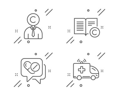 Copyrighter, Tıbbi ilaçlar ve Telif Hakkı simgeleri ayarlayın. Ambulans araba tabelası. Vektör