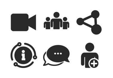 Kişi grubu ve paylaşım simgeleri. Video kamera. Vektör
