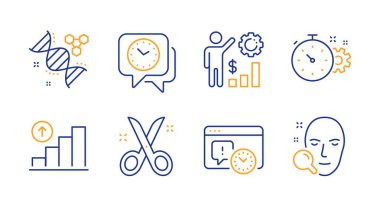 Proje son tarih, Kimya DNA ve Çalışanlar servet simgeleri ayarlayın. Grafik grafiği, Makas ve Saat işaretleri. Vektör