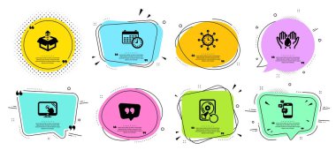 Güvenli su, Kurtarma hdd ve Dünya saati simgeleri ayarlayın. Teklif balonu, Dokunmatik ekran ve İletişim işaretleri. Vektör