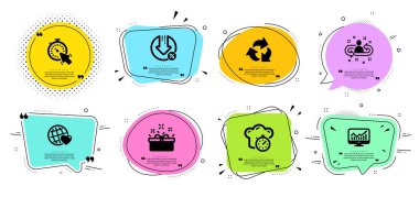 Geri dönüşüm, İstatistik ler ve İşe Alma simgeleri ayarlanır. Mevcut kutu, Pişirme zamanlayıcı ve Arkadaşlar dünya işaretleri. Vektör