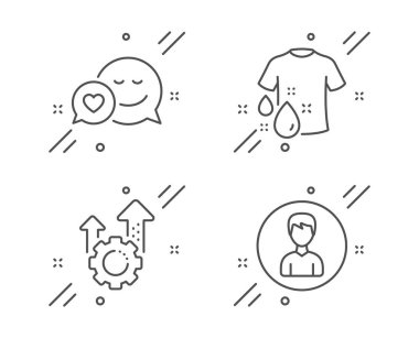 Yıkama t-shirt, Dating ve Seo dişli simgeleri ayarlayın. Kişi işareti. Çamaşır gömleği, Aşk elçisi, Cogwheel. Vektör