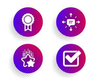 Sms, Ödül ve Sıralama yıldız simgeleri ayarlayın. Onay kutusu işareti. Muhabbet, En iyi madalya, kazanan ödül. Onaylı kene. Vektör