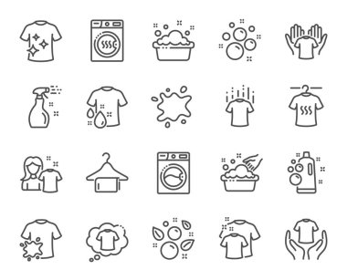 Çamaşır hattı simgeleri. Kurutucu, çamaşır makinesi ve kir gömlek. Vektör