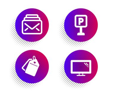 Satış etiketleri, Park ve Posta simgeleri ayarlandı. Monitör işareti. İndirim etiketleri, Otomatik park, Yeni mesajlar. Vektör