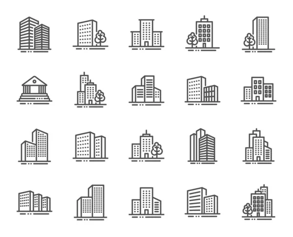 Iconos de línea de edificios. Banco, hotel, juzgado. Arquitectura de ciudad, edificio de rascacielos. Vector — Archivo Imágenes Vectoriales