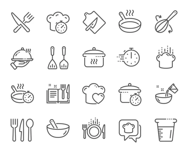 Icone della linea di cottura. Tempo di ebollizione, padella e utensili da cucina. Vettore — Vettoriale Stock