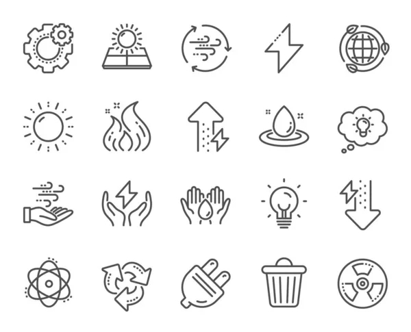 Energi linje ikoner. Solpaneler, vindenergi och elektrisk Åsk bult. Vektor — Stock vektor