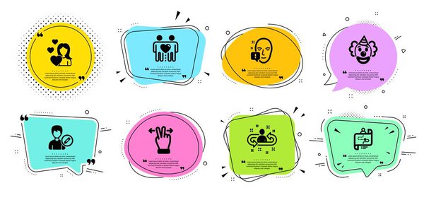 Recruitment, Love and Journey path icons set. Touchscreen gesture, Friends couple and Face attention signs. Vector