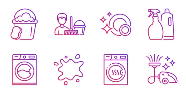 Endroit sale, éponge et service de nettoyage icônes ensemble. Machine à laver, vaisselle propre et signes de machine à sécher. Vecteur — Image vectorielle