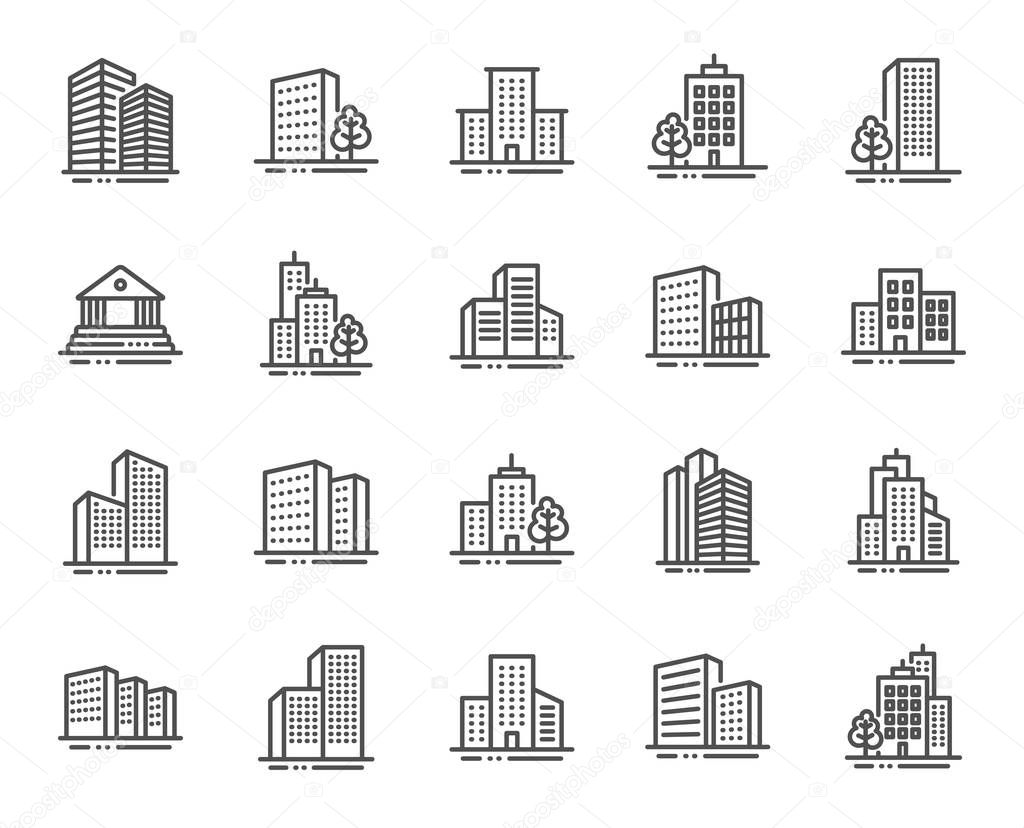 Buildings line icons. Bank, hotel, courthouse. City architecture, skyscraper building. Vector