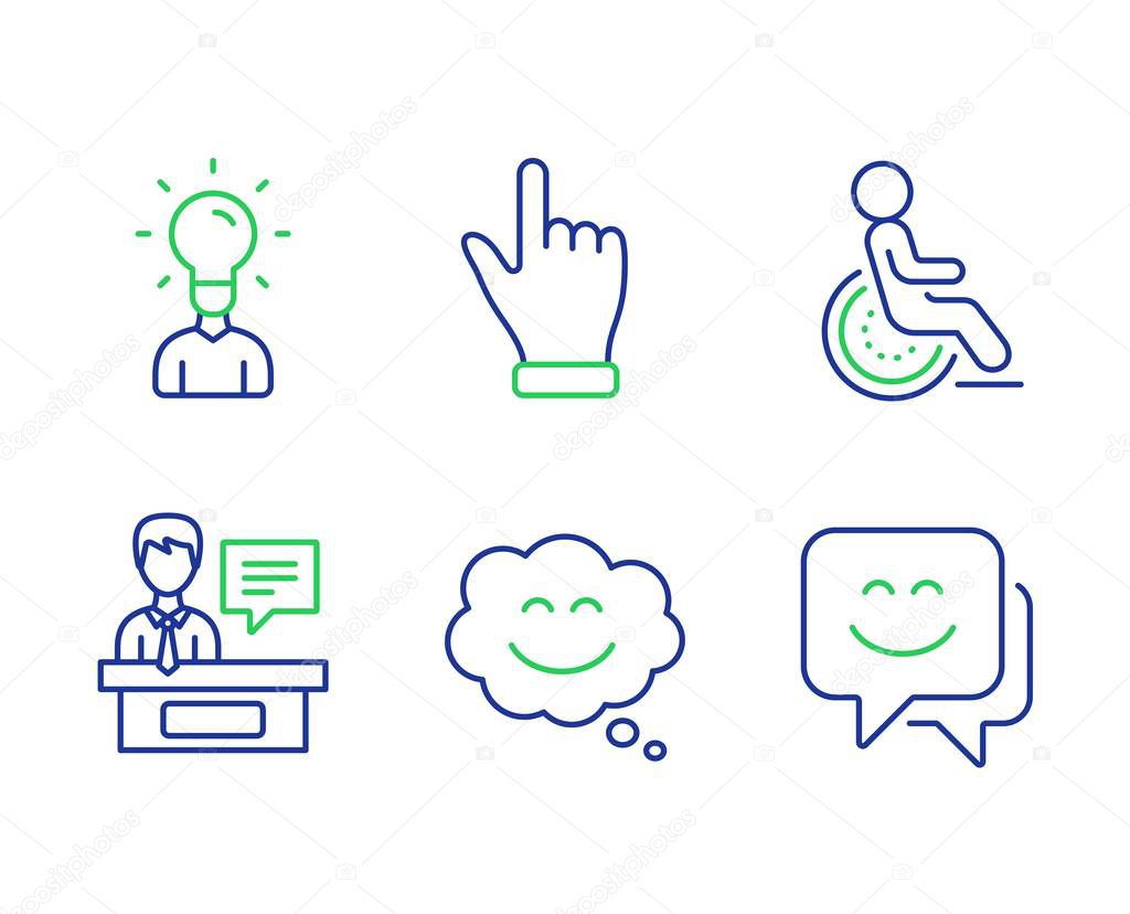 Smile chat, Disability and Click hand icons set. Exhibitors, Education and Smile face signs. Vector