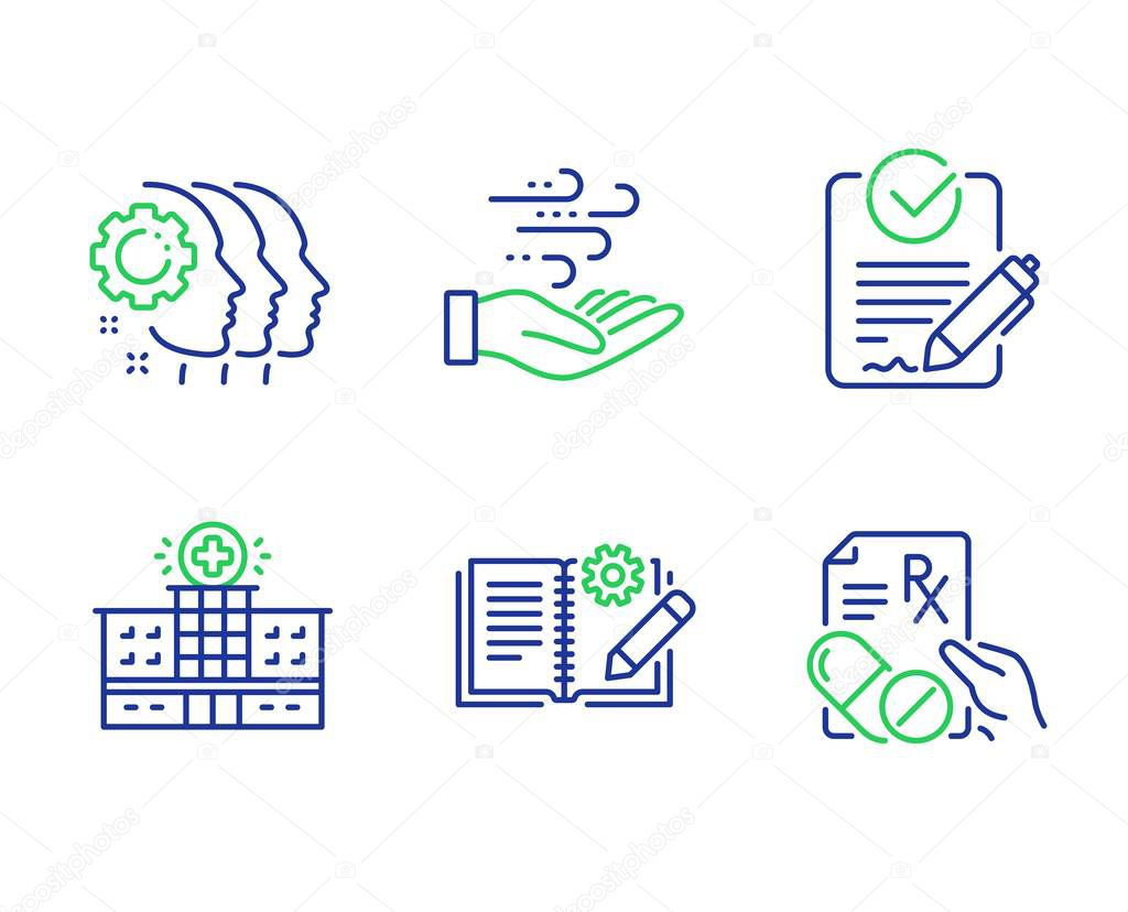 Employees teamwork, Hospital building and Rfp icons set. Vector