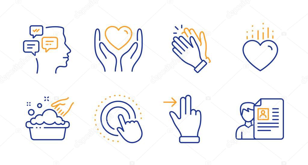 Heart, Messages and Touchscreen gesture icons set. Hold heart, Hand washing and Clapping hands signs. Vector