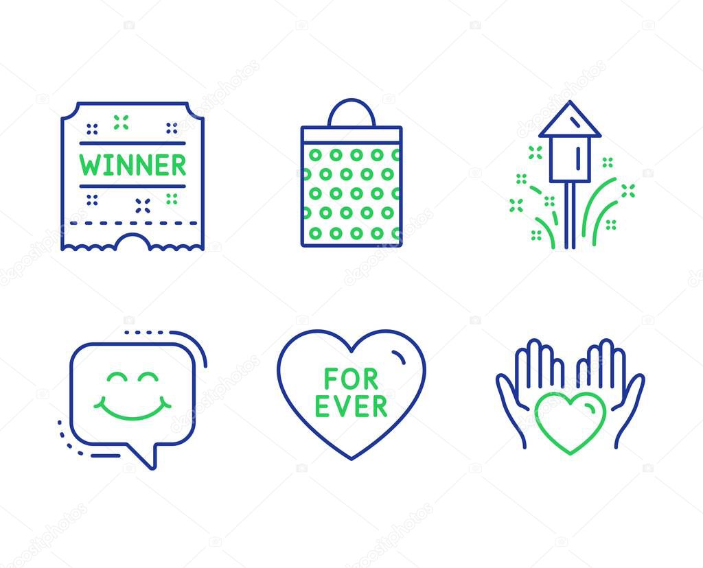 Winner ticket, For ever and Smile chat icons set. Fireworks, Shopping bag and Hold heart signs. Vector