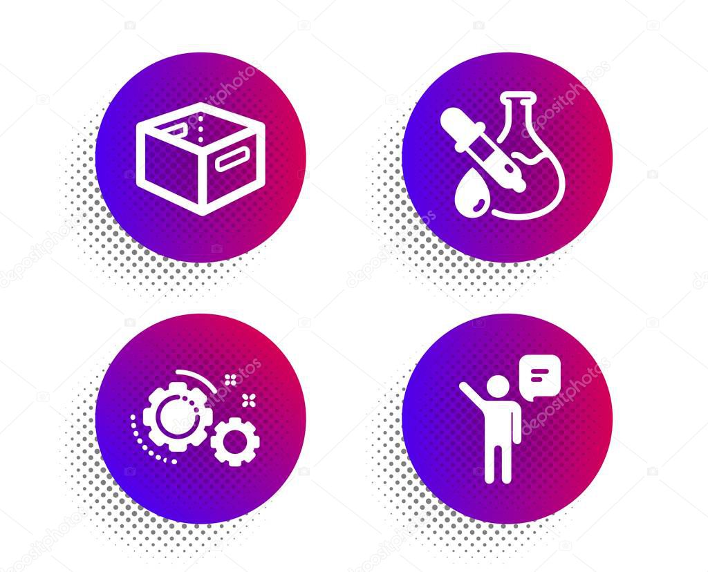 Chemistry experiment, Gears and Office box icons set. Agent sign. Laboratory flask, Work process, Delivery box. Vector