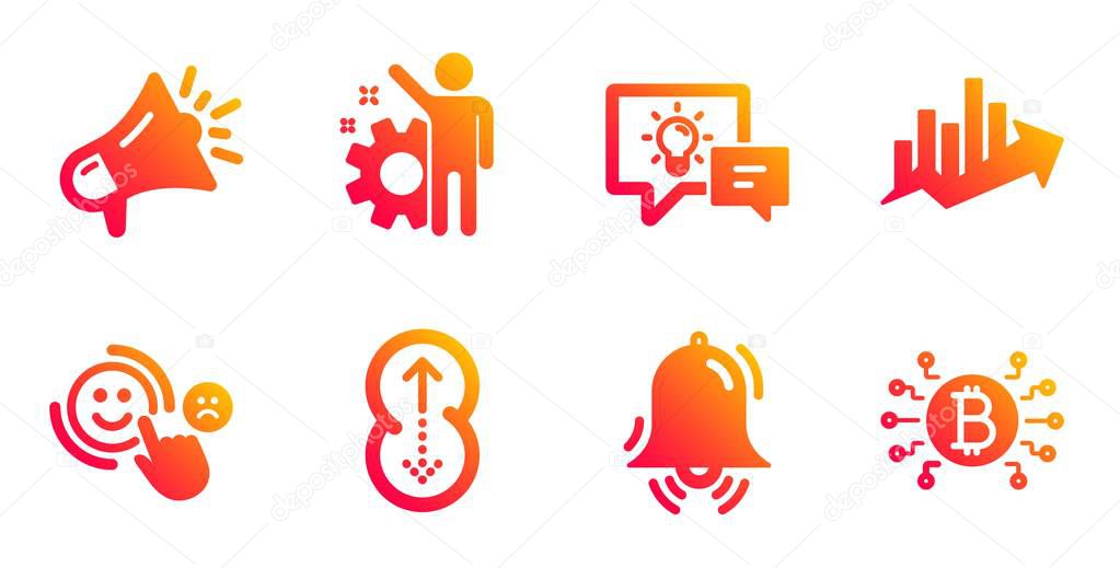 Idea lamp, Megaphone and Clock bell icons set. Growth chart, Customer satisfaction and Employee signs. Vector