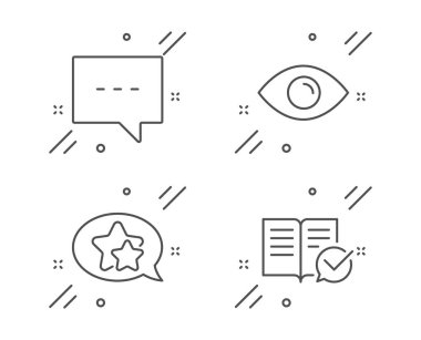 Göz, Blog ve Yıldız simgeleri ayarlayın. Onaylı belge işareti. Görünüm veya vizyon, Sohbet mesajı, Sık Kullanılan. Vektör