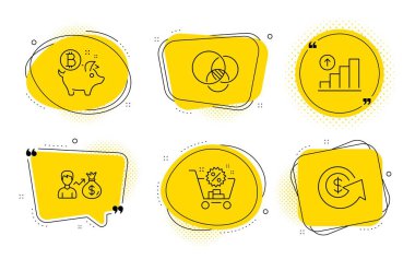 Sallary, Grafik grafiği ve Euler diyagram simgeleri ayarlanır. Bitcoin sikke, Alışveriş sepeti ve Dolar döviz işaretleri. Vektör