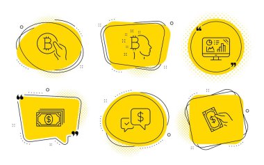 Bitcoin düşünmek, Ödeme ve Analytics grafik simgeleri ayarlayın. Bitcoin ödeme, Ödeme aldı ve ödeme para işaretleri. Vektör