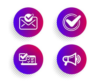 Onaylı posta, Çevrimiçi anket ve Onaylanan simgeler ayarlanır. Megafon işareti. Vektör