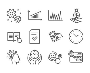 Kontrol dosyası, Güvenli zaman, Gelir parası gibi Eğitim simgeleri kümesi. Vektör