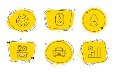 Aşağı kaydırın, Yapraklar ve Sunum zamanı simgeleri ayarlayın. Taksi, Yağ serumu ve Grafik grafi işaretleri. Vektör