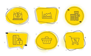 Ticaret grafiği, Bloke kartı ve Loan house simgeleri ayarlayın. Alışveriş sepeti, Bitcoin ve Özel teklif işaretleri. Vektör