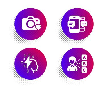 Beyin fırtınası, Fotoğraf makinesi ve Smartphone sms simgeleri ayarlayın. Görüş işareti. Vektör