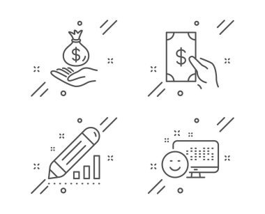 Para alın, istatistikleri ve Gelir para simgeleri ayarlayın edin. Gülümseme işareti. Nakit ödeme, Seo yönetmek, Tasarruf. Vektör