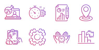 Güvenli zaman, Seo dişli ve Reçeteli ilaçlar simgeleri ayarlayın. Çevrimiçi kimya, Cogwheel zamanlayıcı ve Konum işaretleri. Vektör