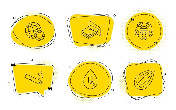 Globe, Atm money and Eco organic icons set. Smoking, No alcohol and Almond nut signs. Vector — Stock Vector
