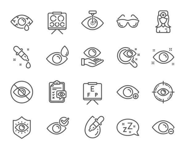 Optometriás, szemorvos vonal ikonok. Orvosi lézeres szemműtétek, poharak és szemcseppentő. Vektor — Stock Vector