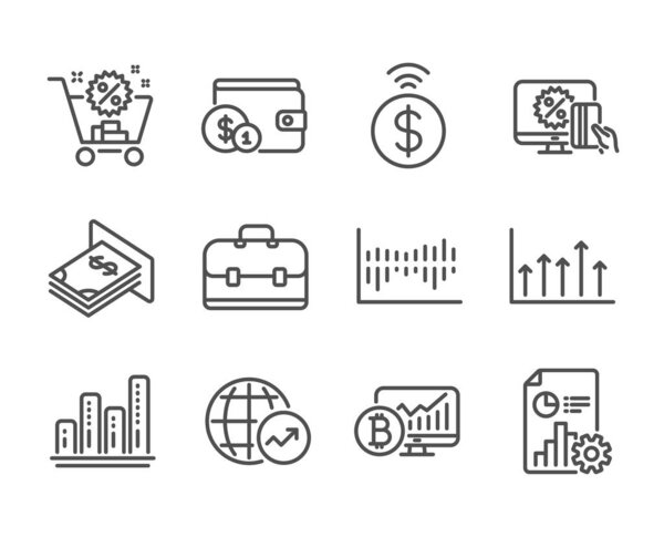 Set of Finance icons, such as Report, Online shopping, Portfolio. Vector