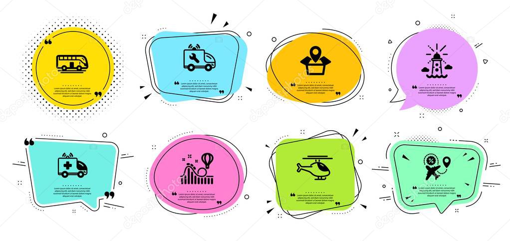 Car service, Helicopter and Bus tour icons set. Ambulance car, Roller coaster and Flight sale signs. Vector