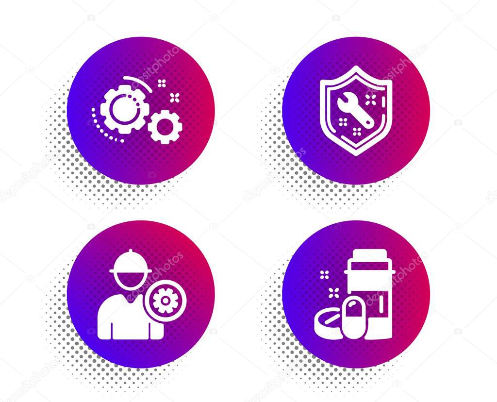 Spanner, Engineer and Gears icons set. Medical drugs sign. Repair service, Worker with cogwheel, Work process. Vector