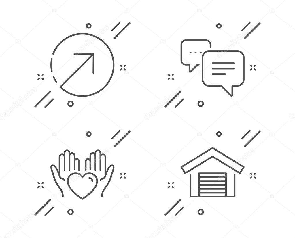 Direction, Dots message and Hold heart icons set. Parking garage sign. Vector