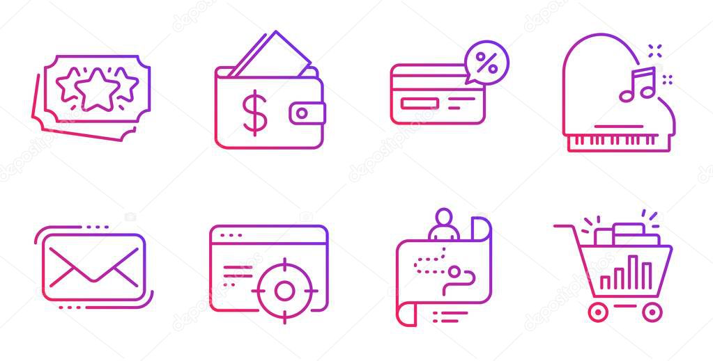 Journey path, Piano and Wallet icons set. Cashback, Seo targeting and Loyalty points signs. Vector