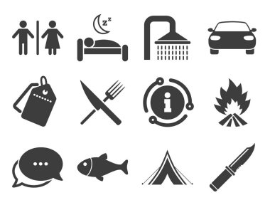 Yürüyüş seyahat simgeleri. Kamp, duş ve tuvalet. Vektör