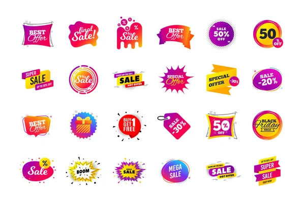 Vendita banner badge. Offerte speciali etichette sconto. Forma cedolare — Vettoriale Stock