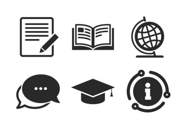 Kalem ve açık kitap işaretleri. Mezuniyet şapkası simgesi. Vektör