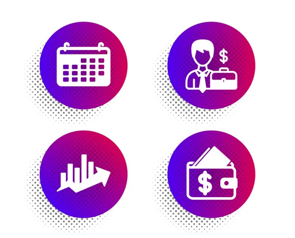 Grafico di crescita, calendario e business set di icone caso uomo. Portafoglio si — Vettoriale Stock