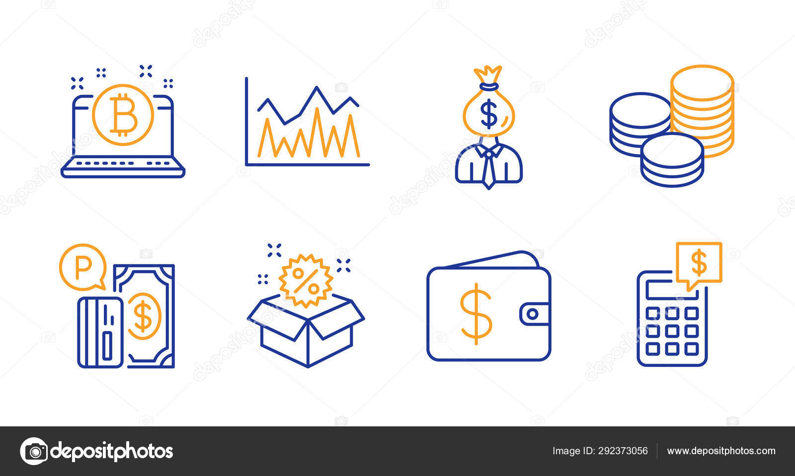 비트 코인, 팁과 달러 지갑 아이콘 세트. 판매, 투자 및 스톡 벡터 - ©Blankstock 292373056