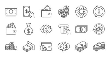 Para ve ödeme satırı simgeleri. Nakit, Cüzdan ve Madeni Paralar. Lineer ico