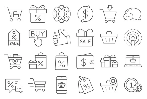 Ícones da linha de compras. Presentes, Carteira e Venda. Vetor — Vetor de Stock