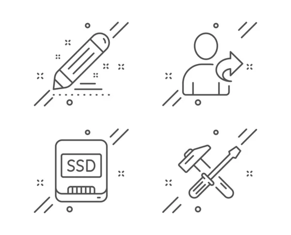 Referir amigo, SSD y Conjunto de iconos de contrato de marca. Señal de herramienta de martillo — Vector de stock