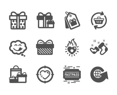 Sürpriz paket, Hediye, Yenile sepeti gibi Tatil simgeleri kümesi. Vektör