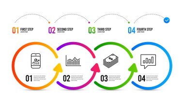 Para diyagramı, Akıllı telefon istatistikleri ve Dolar simgeleri ayarlayın. Analitik sohbet işareti. Vektör