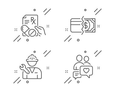Reçeteli ilaçlar, Tamirci ve Ödeme yöntemleri simgeleri ayarlayın. Flört sohbet işareti. Vektör